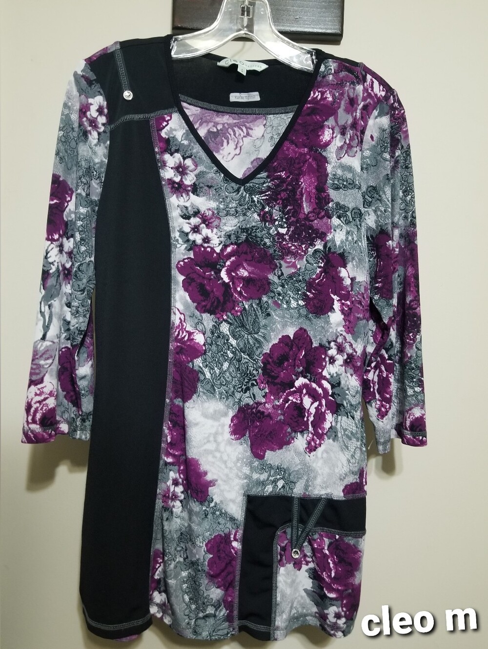 CLEO Tunic Top M petite Purple Floral Office Casual Knit Relaxed